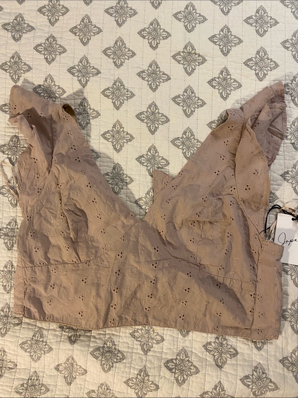 Japna Taupe Eyelet V-Neck Ruffle Strap Crop Top